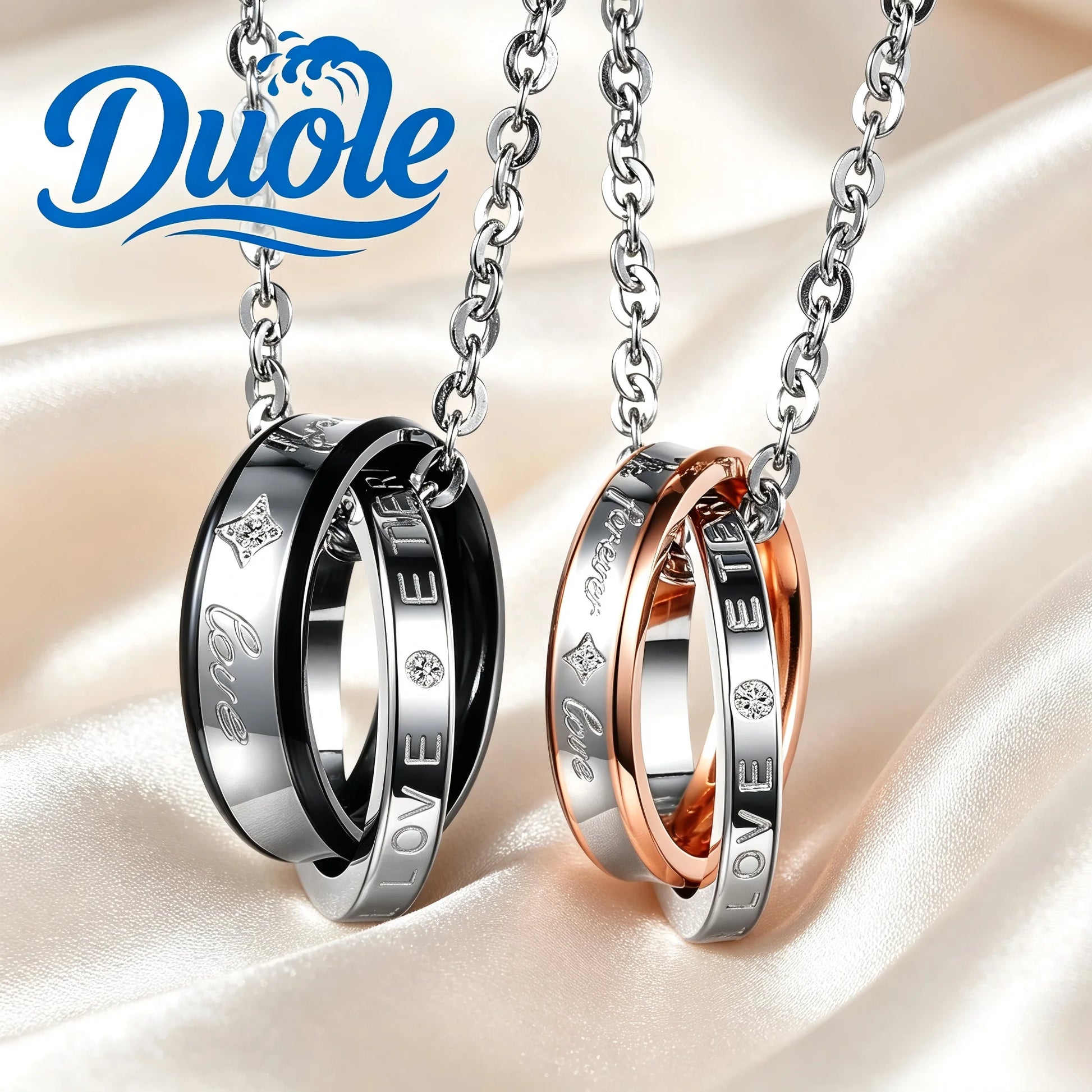 Fashion Jewelry Stainless Steel Zircon Double Rings Pendant Necklace For Men Women Couple 18k Gold Plated Necklace