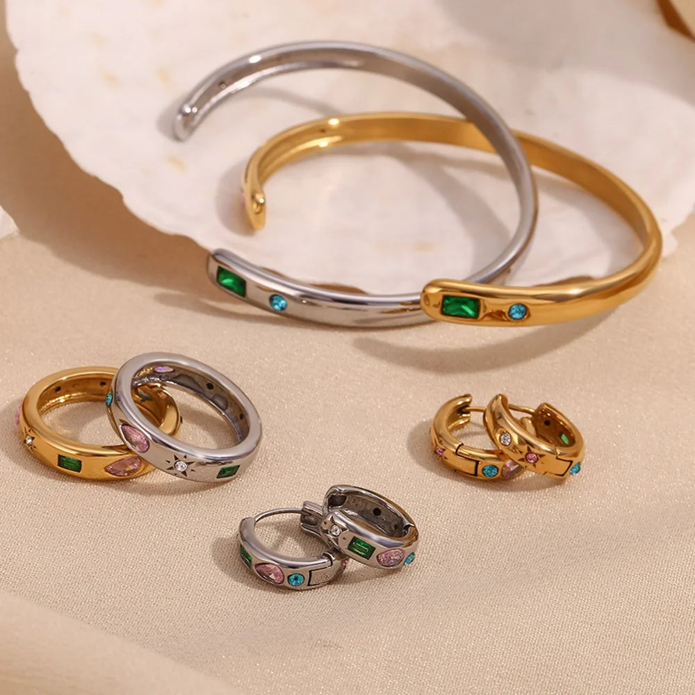 Dreamshow Colorful Zircon Jewelry Set Waterproof Cuff Bangle Earring Ring Set Gold Plated Stainless Steel Jewelry