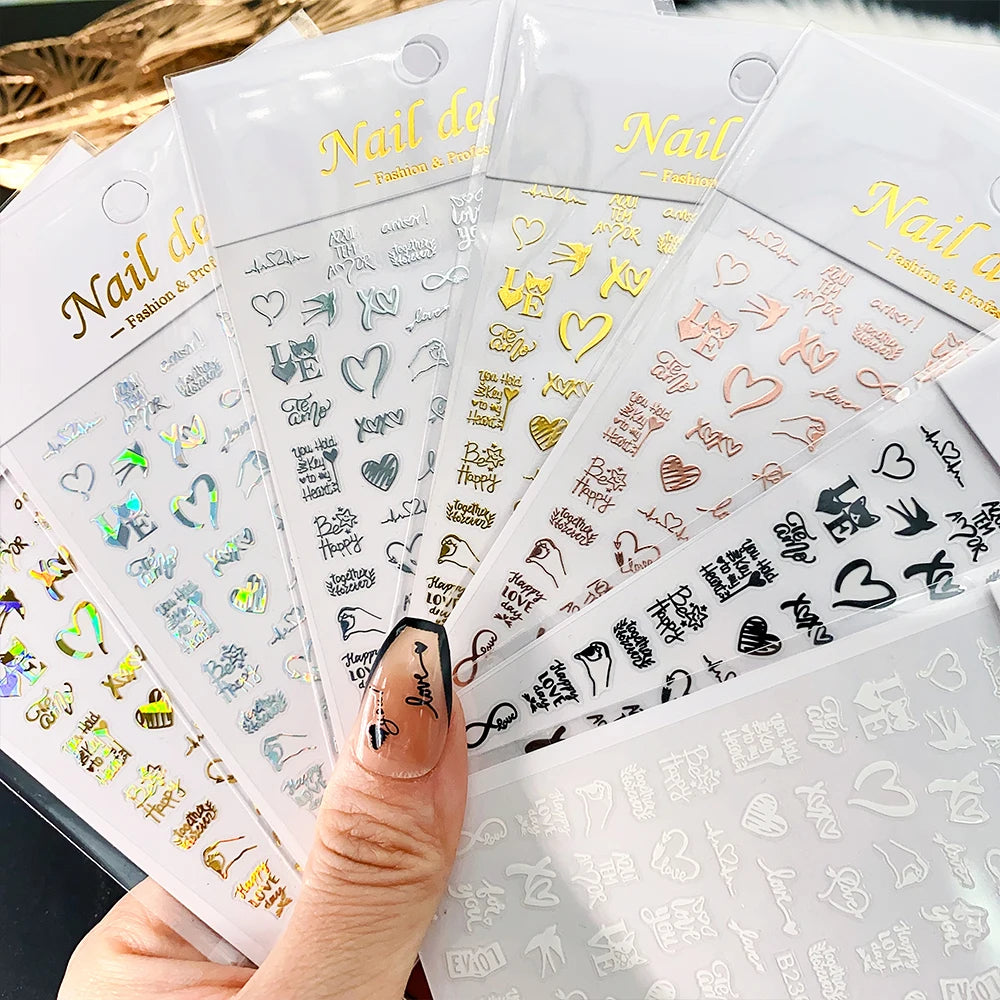 Laser Gold Silver 3D Nail Art Stickers Love Heart Letter Image Nail Decoration Ins Style Sticker DIY Foils Accessories Decals
