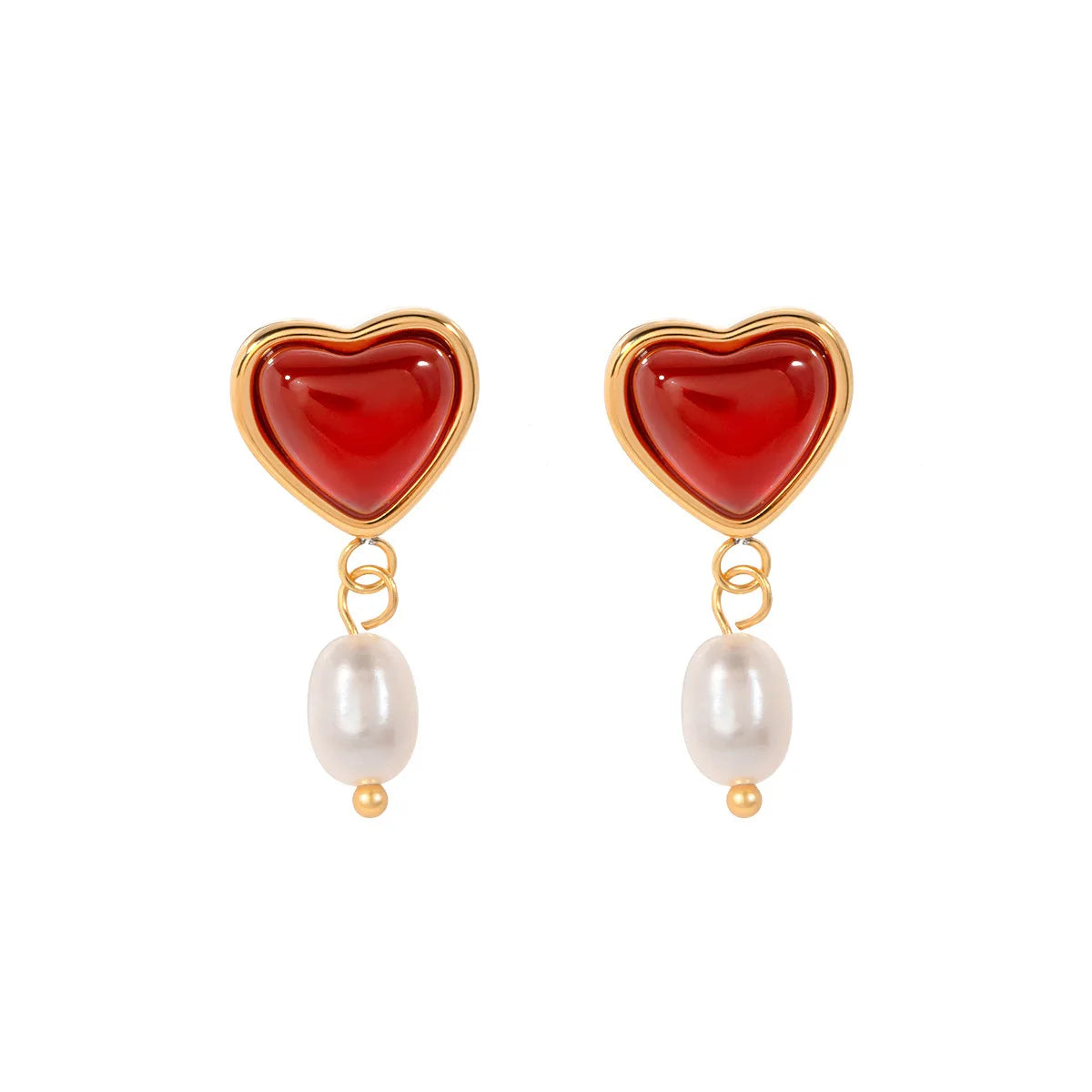 Factory Wholesale Stainless Steel 18K Gold Plated Red Heart Agate Pearl Women's Drop Earrings Jewelry