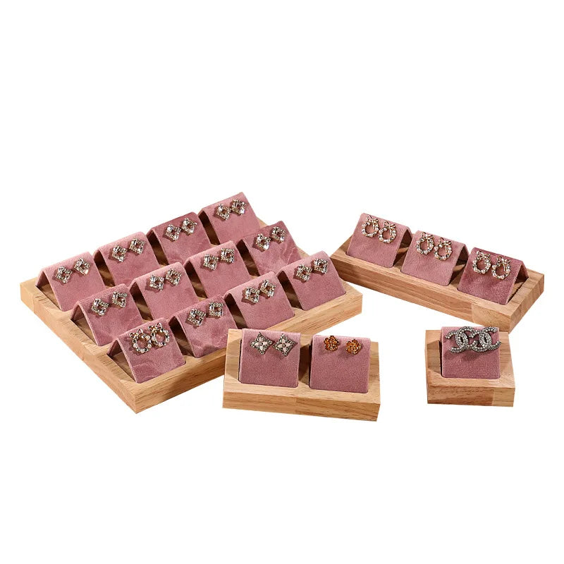 New Design Factory Direct Pink Gray Velvet 1-12pcs Earring Jewelry Display Stand Package Tray Real Wooden Frame Wholesale Cus