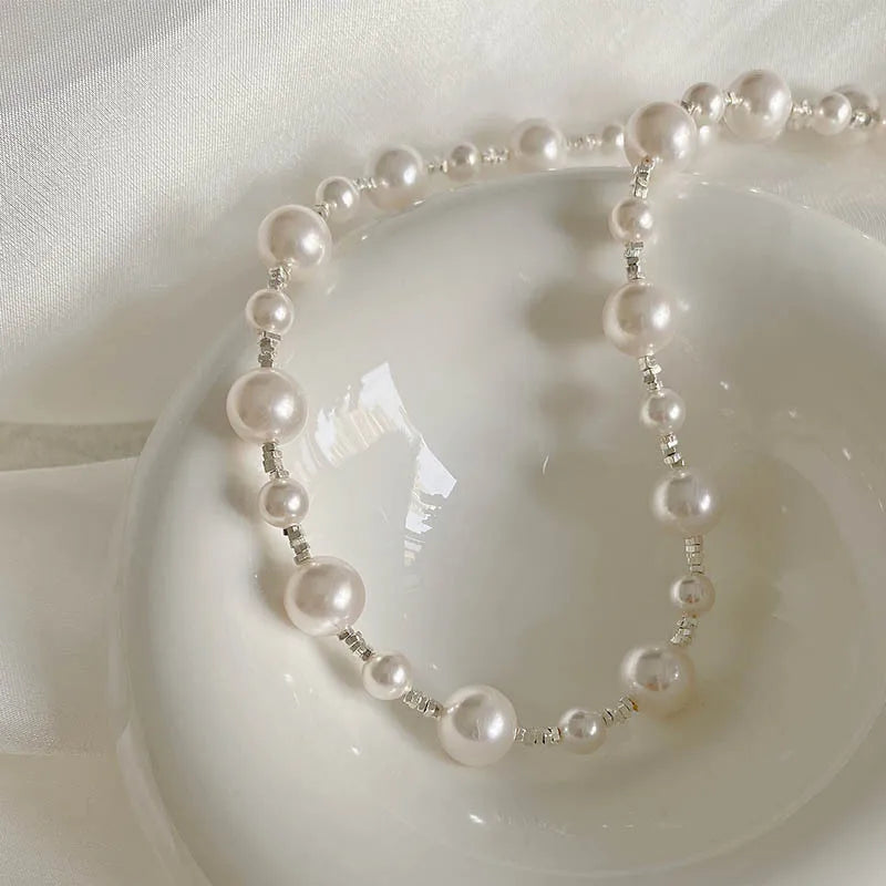Real S925 Sterling Silver Simulated Pearl Broken Silver Beads Beaded Necklaces Women Girl Fine Jewelry