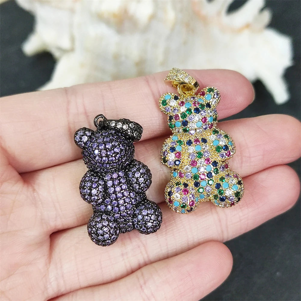 18K Gold Plated Trendy Jewelry Customize Colorful Cubic Zirconia Charm Pendant Cute Bear for Necklace Earrings Making