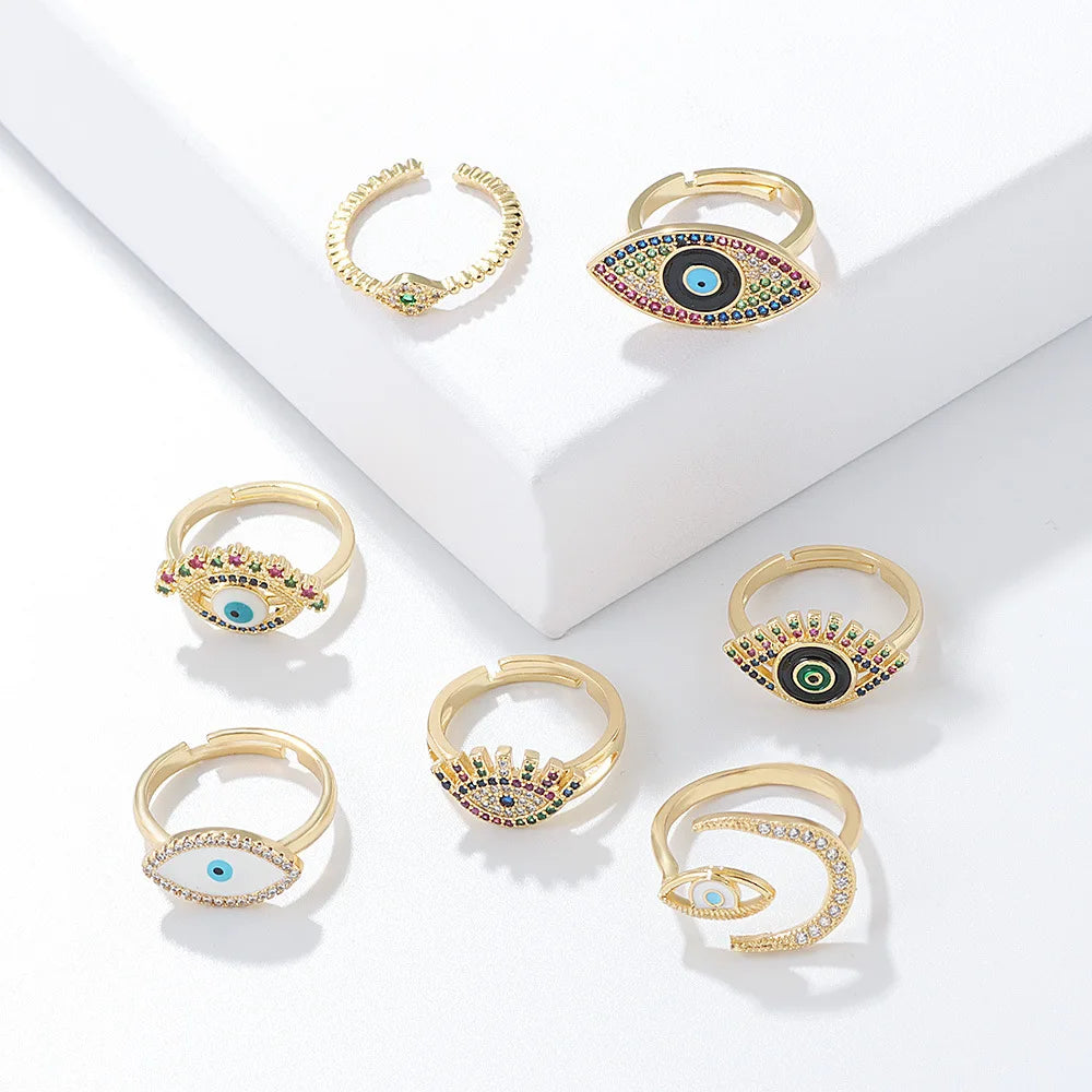 New Arrival Bohemia Adjustable Gold Plated Moon Rings Shiny Colorful CZ Evil Eyes Open Rings for Women Girls