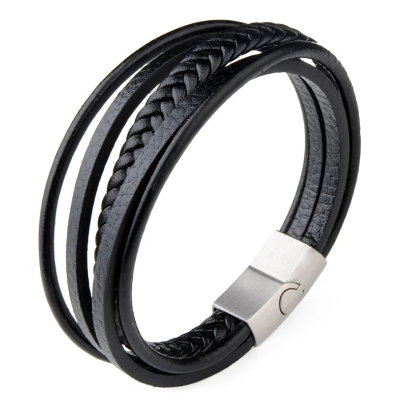 Stainless Steel Golden Black Silver Clasp Genuine Braided Leather Men Bracelet