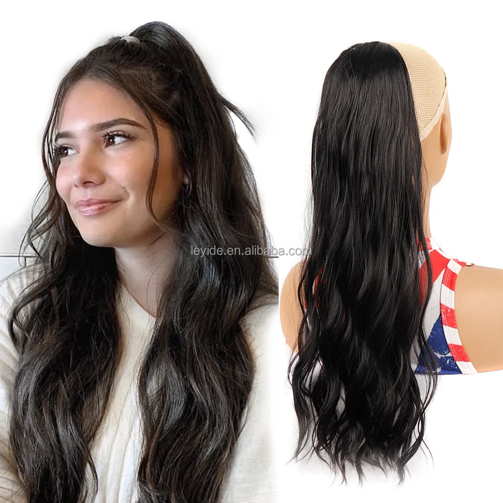 New Arrival Synthetic Hair Drawstring Ponytails Long Wavy Black Color Natural Ponytail Hair Extensions Woman's Hairpieces