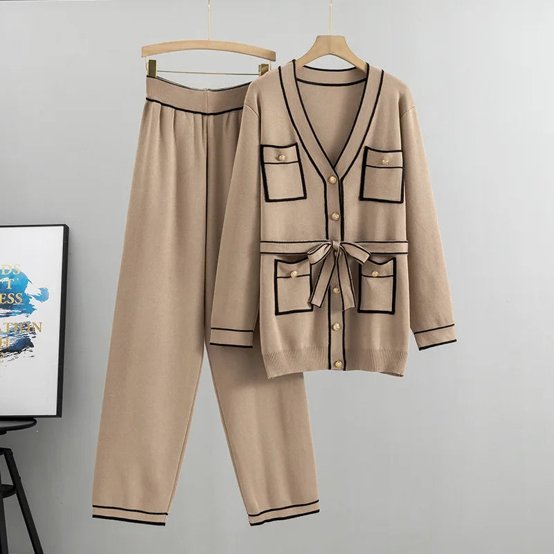 High Quality Women Fall Winter Casual Knitted Outfit 2 Piece Sets Women Elegant Long Sleeve Shirt and Wide Leg Pants Set