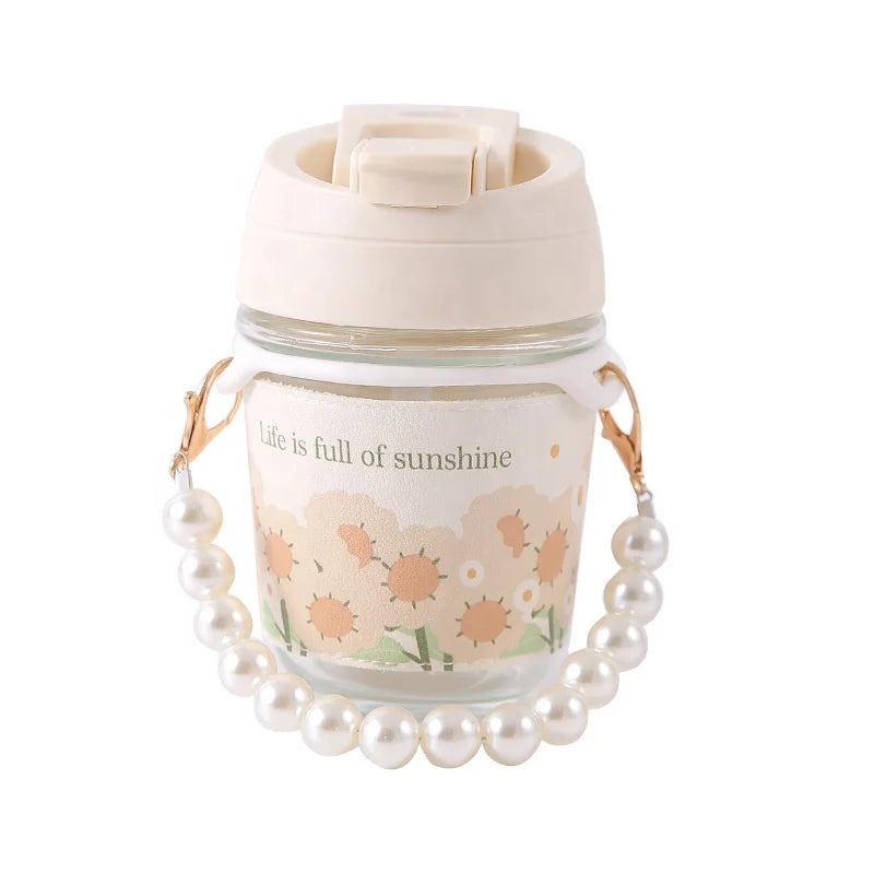 High Beauty Pearl Cup Portable Drink Glass Cup Tulip Protective Sleeve Gift Water Bottles Coffee Cup Cute Travel Coffee Mug