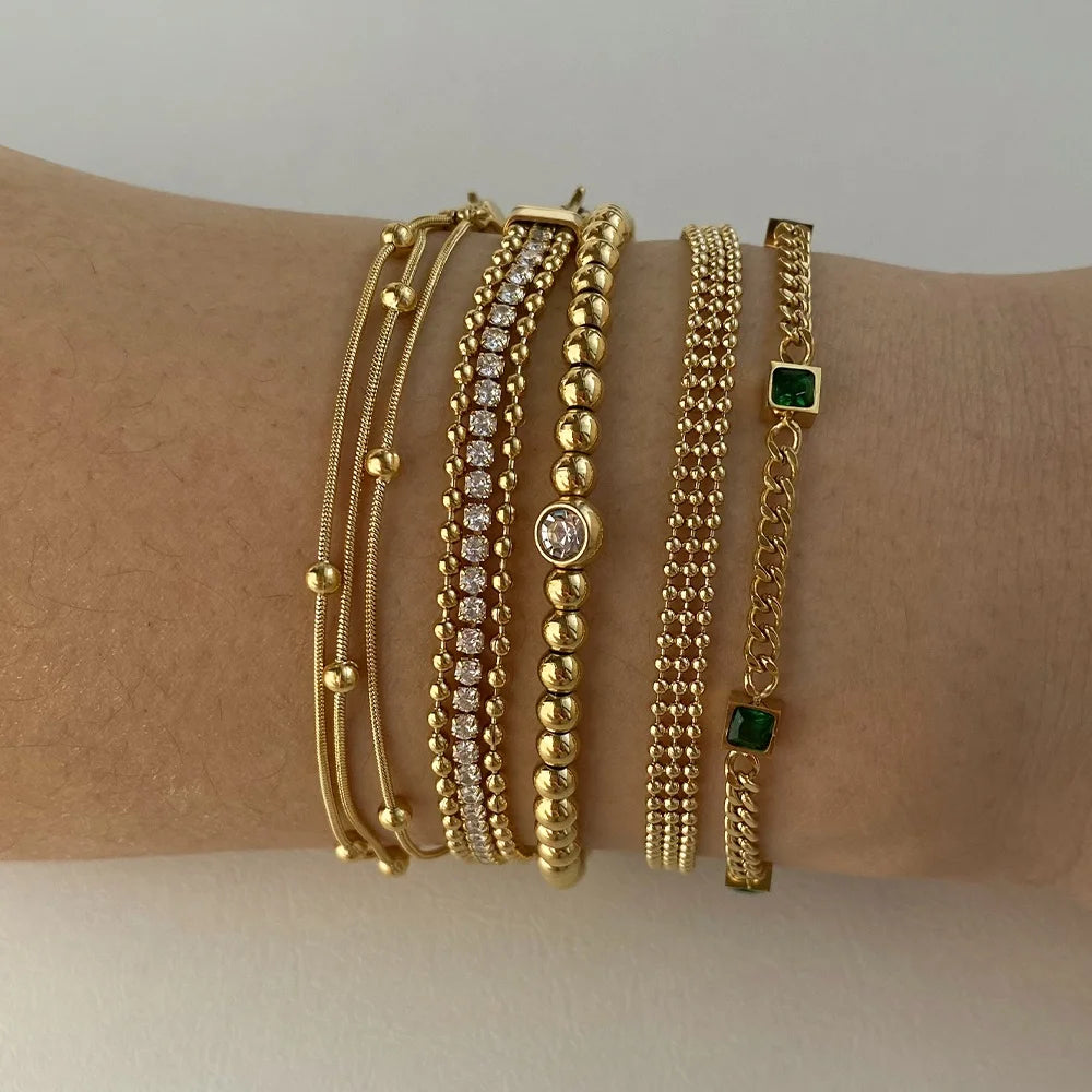CLIORO Zircon Waterproof Stainless Steel Bracelet Jewelry Gold Plated Three Layers Bead Charm Chain Bracelet Set for Women