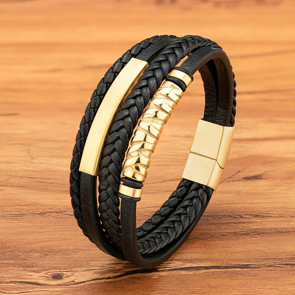 New Arrivals Stainless Steel Magnetic Clasp Genuine Leather Multi Layer Wrap Leather Braided Bangle Lucky Man Bracelet