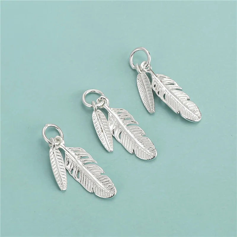 925 Sterling Silver Personality Double Feather Charm Bracelet Pendant Jewelry Accessories Handmade DIY Jewelry Making Supplie