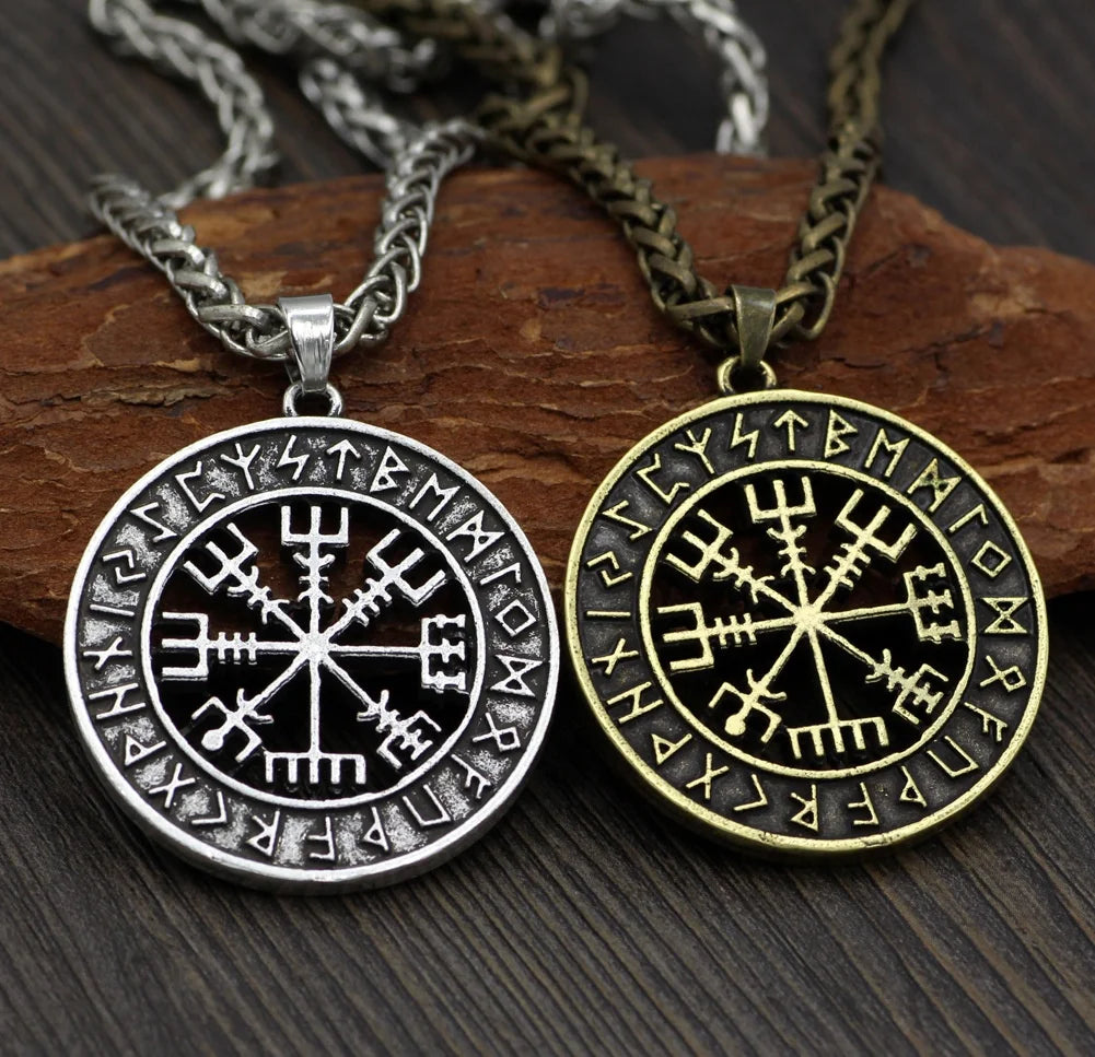 Ancient Silver Bronze Color Pendant Punk Jewelry Leather Chain Viking Odin Symbol Rune Amulet Compass Pendant Necklace for Me