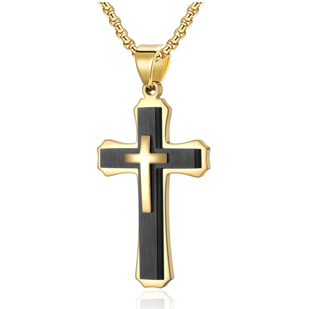 Dull Polish Waterproof Stainless Steel Hip Hop Classic Double Cross Design Pendant Necklace Jewelry for Men