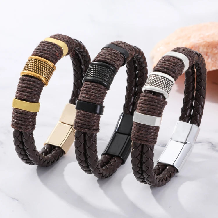 G2753 Wholesale Pulsera De Cuero Para Hombre Double Braided Leather Magnetic Clasp Bracelet Jewelry Bangles & Bracelets for M