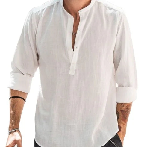 2024 European and American Men's Casual Stand up Collar Solid Color Long Sleeved Shirt Bamboo Knot Cotton Linen Shirt