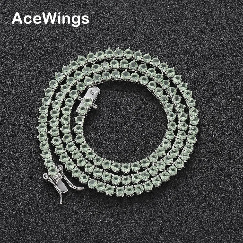 BC121 3mm Apple-Green CZ Iced Silver Cubic Zirconia Classic Geometric Brass Setting Tennis Link Chain Unisex Engagement Neckl
