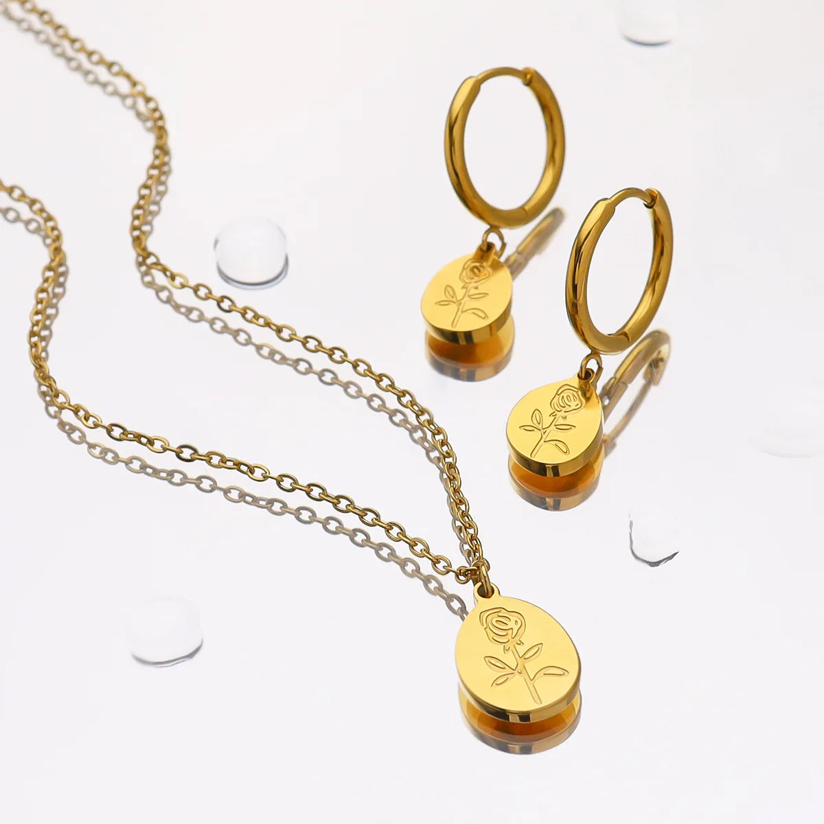 New 2Pcs Simple 18k Gold Plated 316L Stainless Steel Flower Necklace and Earrings Jewelry Set for Women Girl