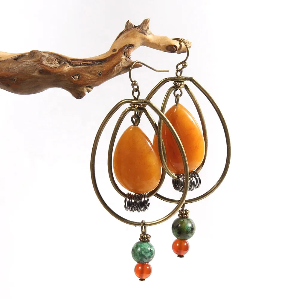 Vintage Bohemian Ethnic Style Antique Bronze Rotating Earrings Natural Stone Accessories Pendant Water Drop Earrings