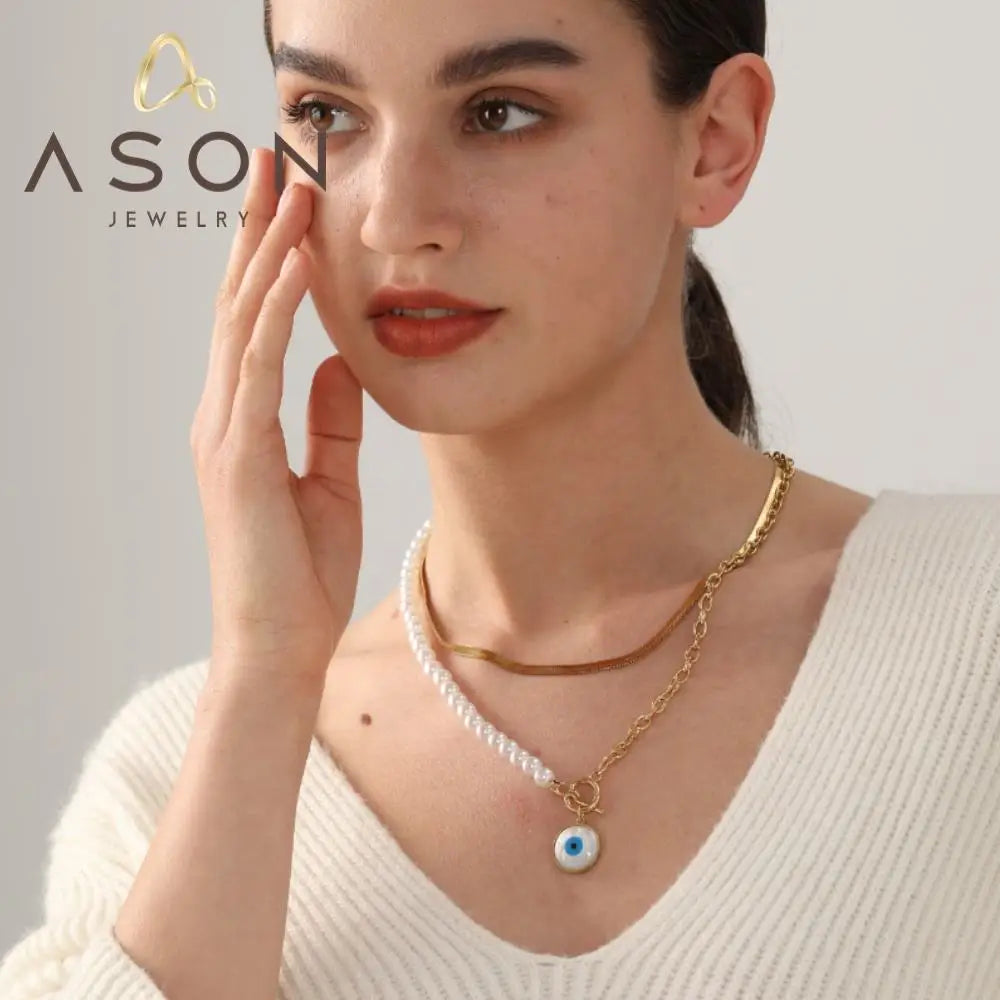 Ason Hip Hop Style Double Layer Chunky Necklace 18k Gold Plated Ladies Pearl Stainless Steel Eyes Chain Charm Pendant Necklac