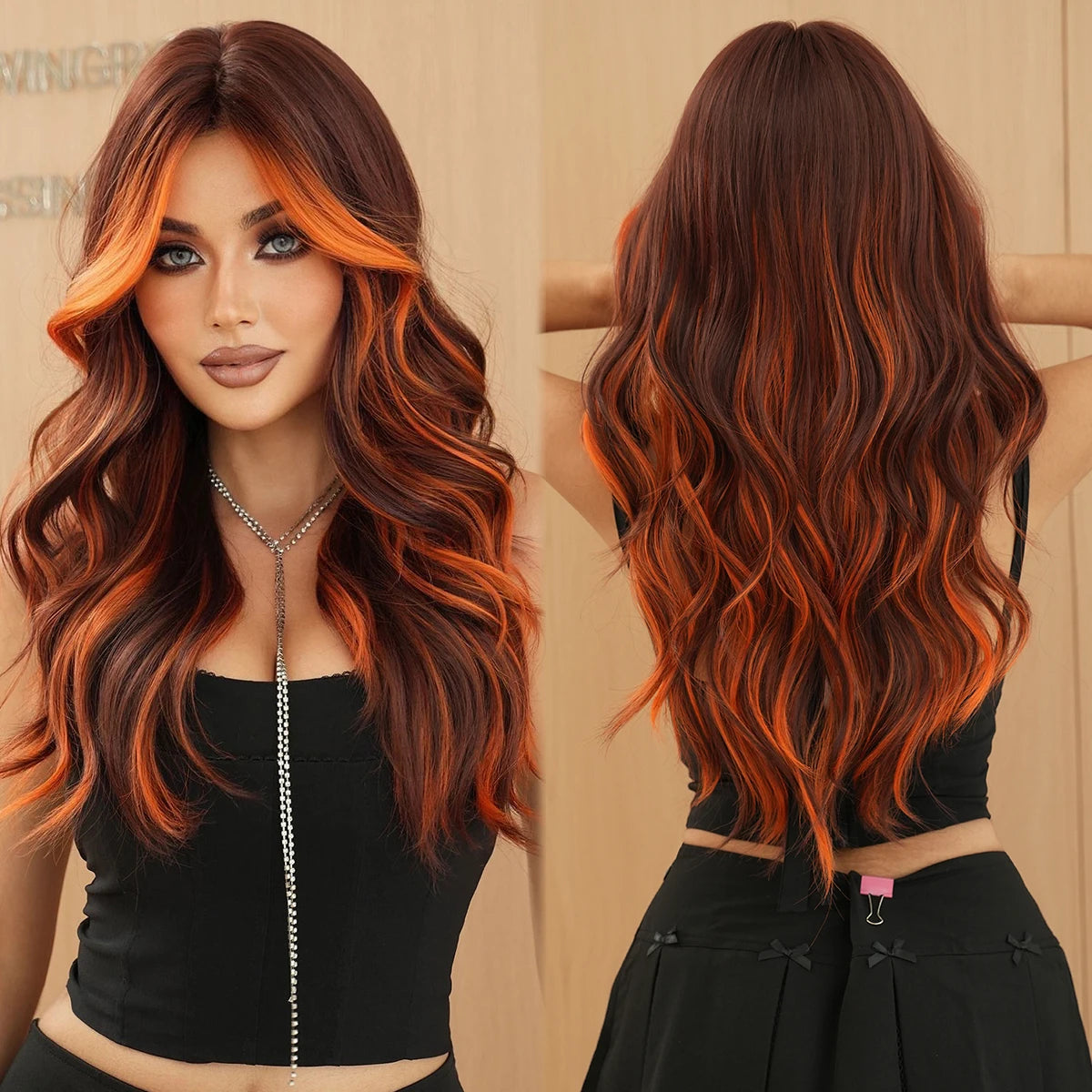 Ginger Orange Wig with Highlights Synthetic Hair Wig Brown Skunk Stripe Long Wavy Wigs Heat Resistant Fiber Wholesale for Wom