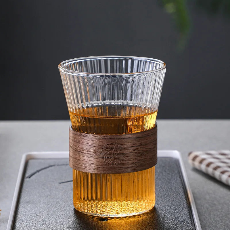 10oz 300ml Eco-Friendly Borosilicate Glass Insulated Modern Luxury Design Handheld Clear Vertical Stripes Stocked Handmade Ho