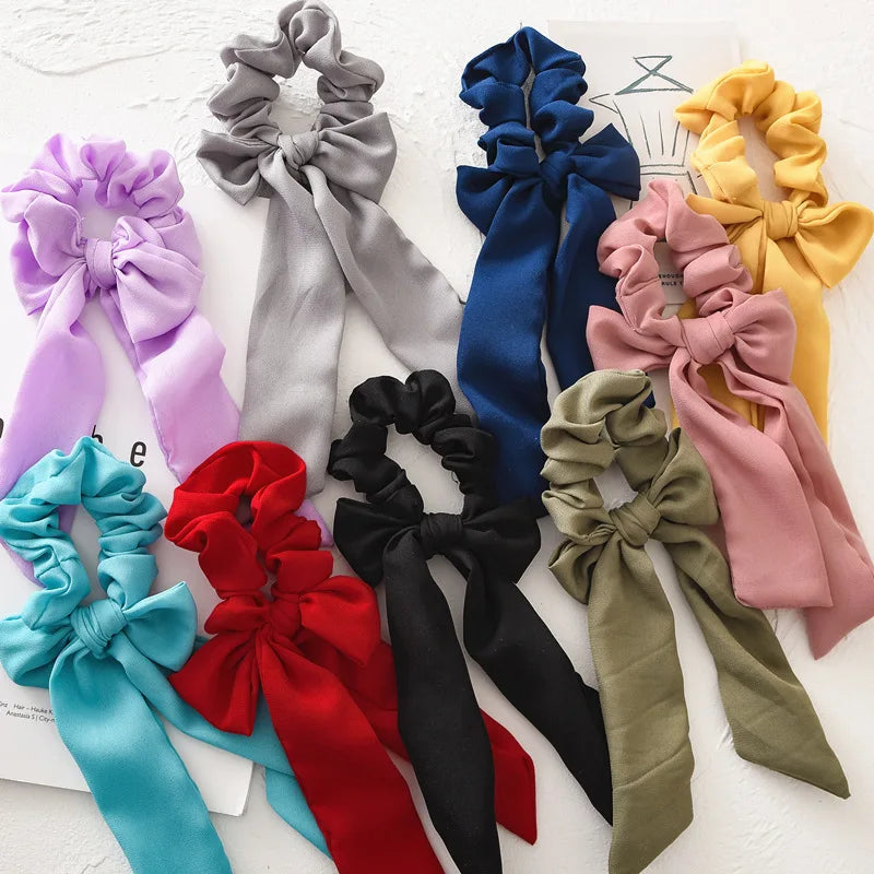Women Accessories Ponytail Holder Bow Hair Ties Plain Color Satin Long Tail Hair Scrunchy