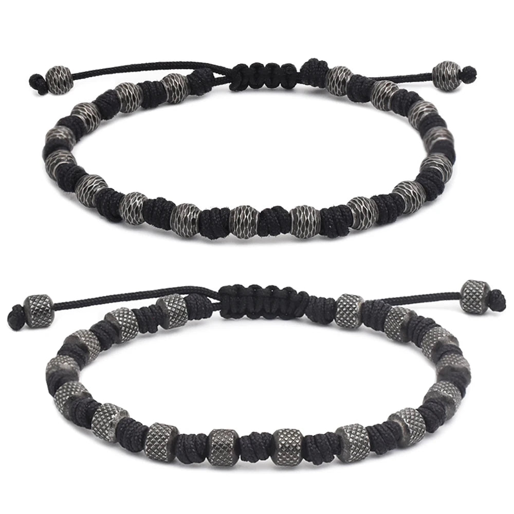 Handmade Macrame Wrap Bracelet for Men Stainless Steel 18K Gold Plated Textured Vintage Beads Engraved Jewelry Gift