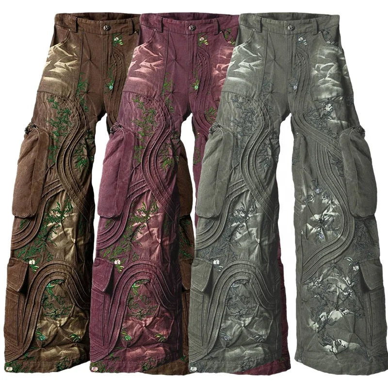 AeeDenim Custom Men's Y2K Wide Leg Stonewashed Denim Jeans with Letter Print Embroidery Wholesale