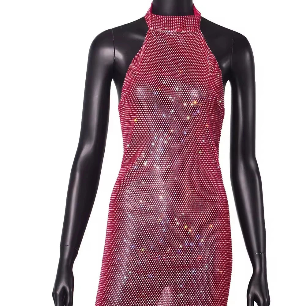 See Through Club Wear Dress Backless Heavy Mesh Material Bling Rhinestone Cover up Party Mini Dresses