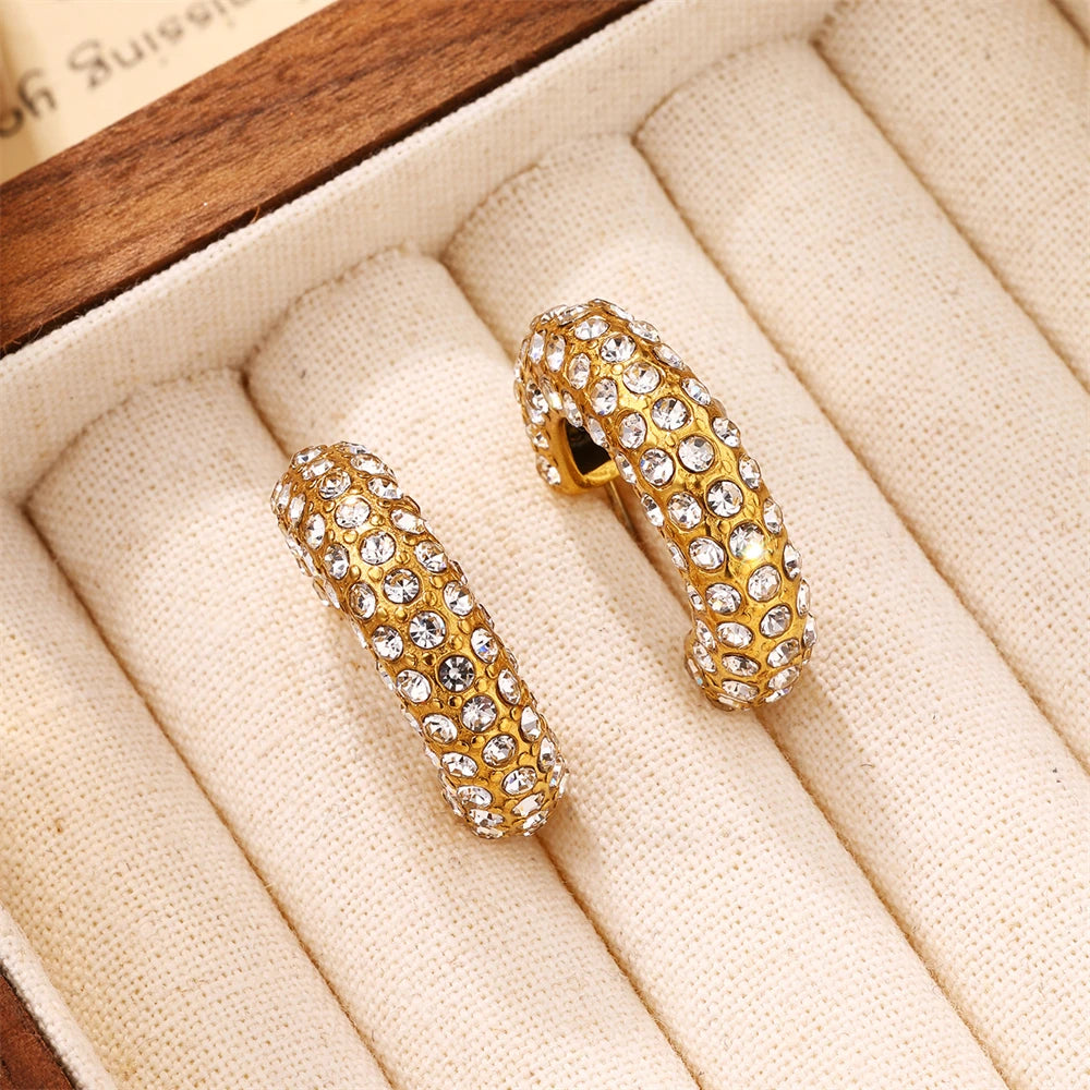 Mj 18K Gold Plated Charm Stainless Steel Jewelry White Cubic Zirconia CC Shaped Earrings for Women