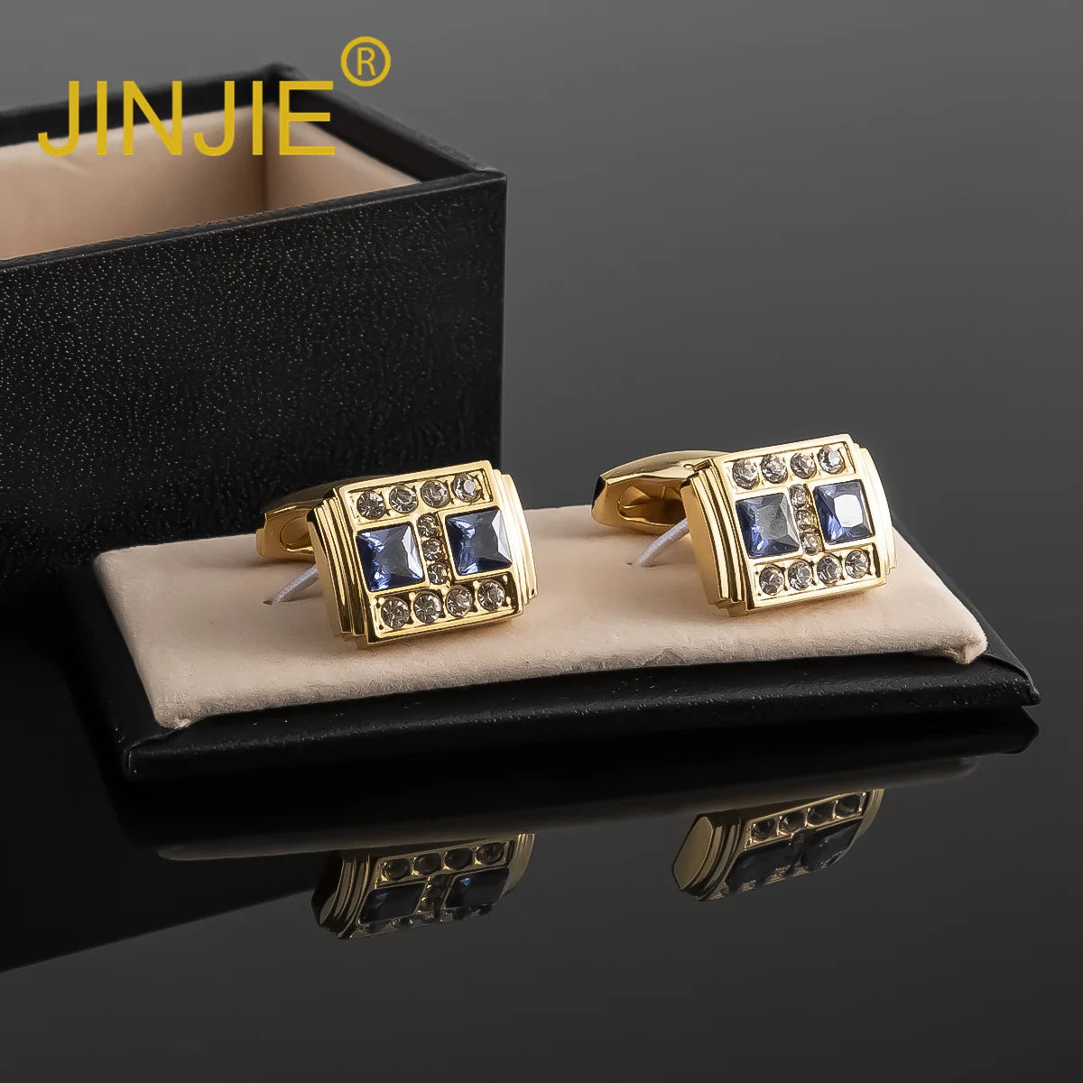 JINJIE Ready to Ship Gold Plated Blue Zircon Diamond square Cufflinks for Men Suit Accessories