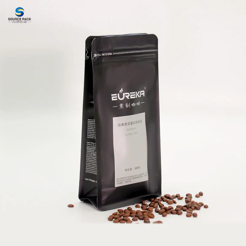 Custom Printing Flat Bottom Coffee Bean Packaging Bag With One Way Valve Coffee Tamper Food Grade Zipper Sealed Standing Bag