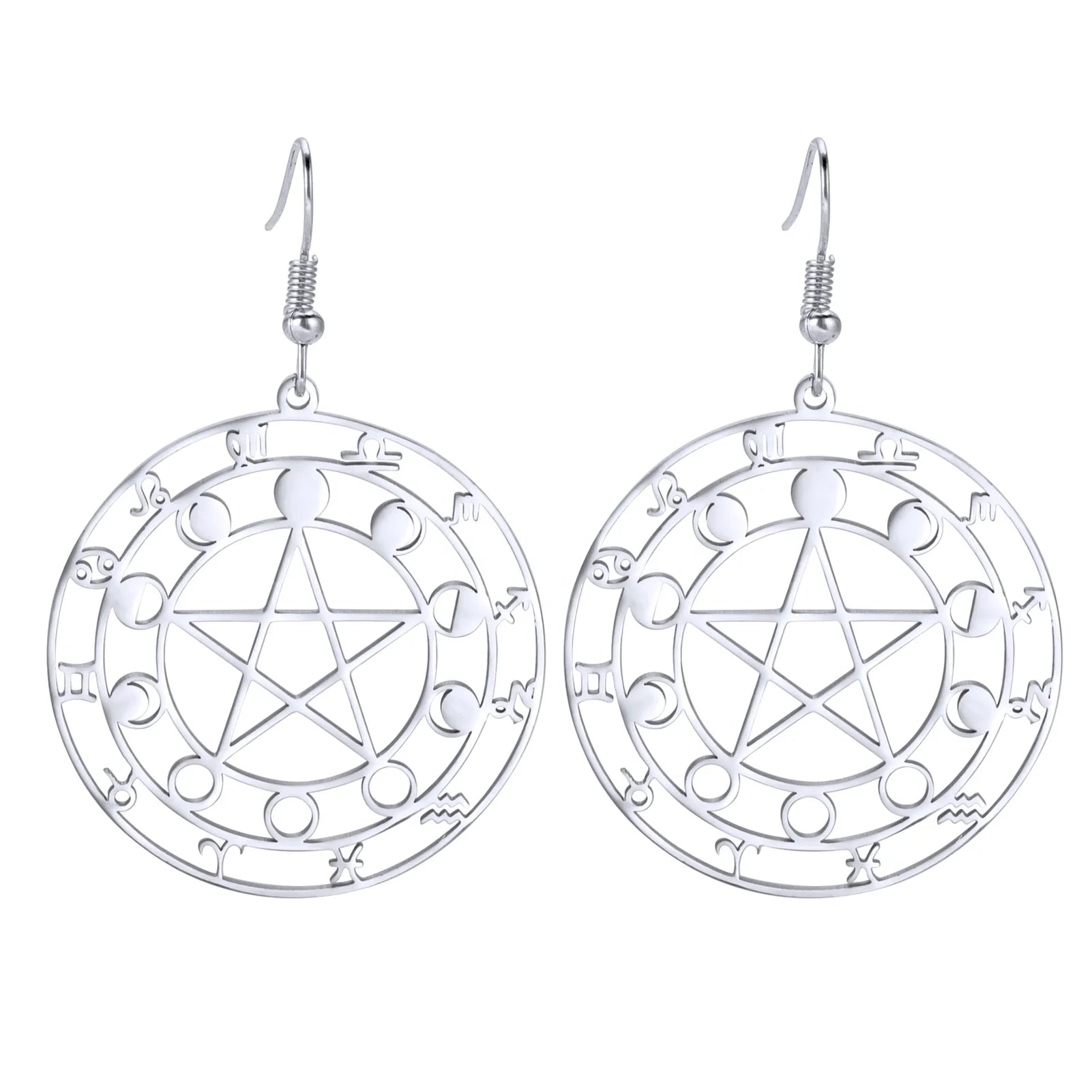 Hollow Pentagram Pentacle Big Earrings Moon Phase 12 Constellations Magic Amulet Wiccan Pagan Gift Stainless Steel Jewelry