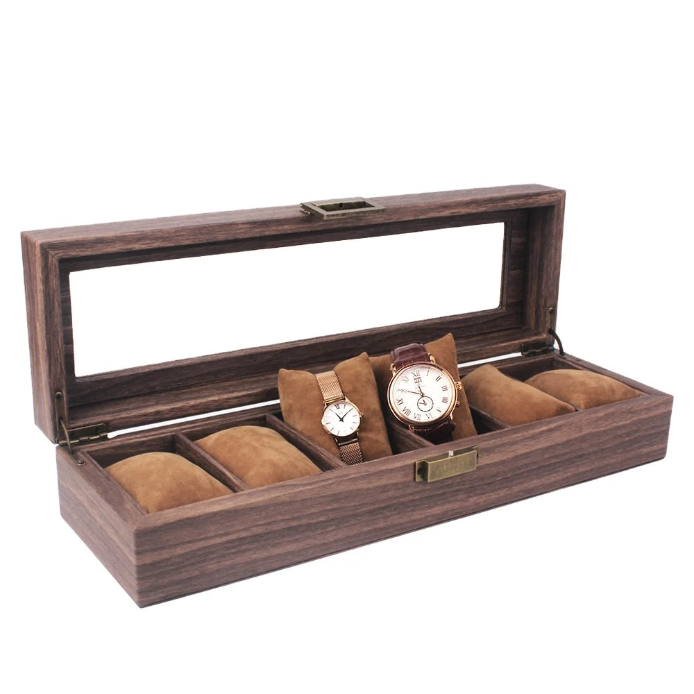 6 Slots Grain Wood PU Leather Watch Box Suede Material Display Case with Pillows for Family Watch Storage