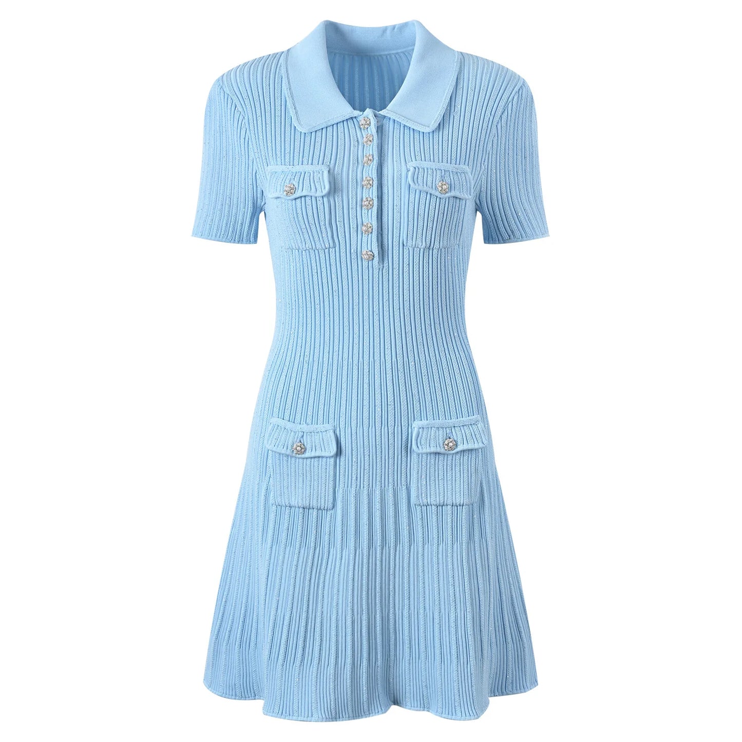Vintage Elegant Style 2025 Spring Lady Turn-down Collar Short Sleeve Women Knit Sequin Sheath Flounced Short Dress