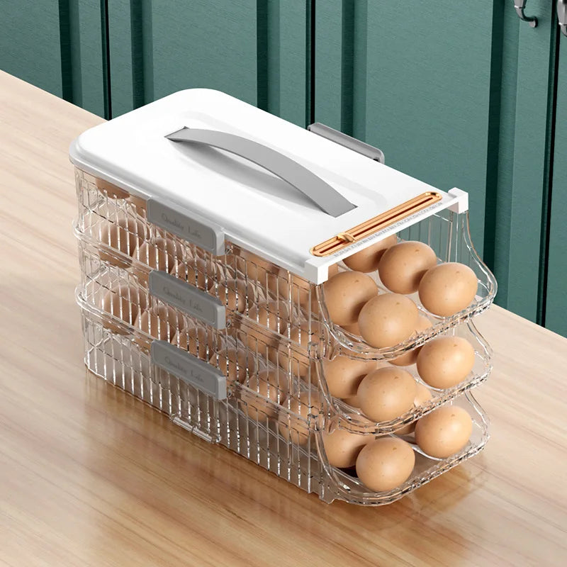 3 Layer Double Sides Auto Rolling Egg Storage Container with Handle Rolling Egg Organizer for Refrigerator
