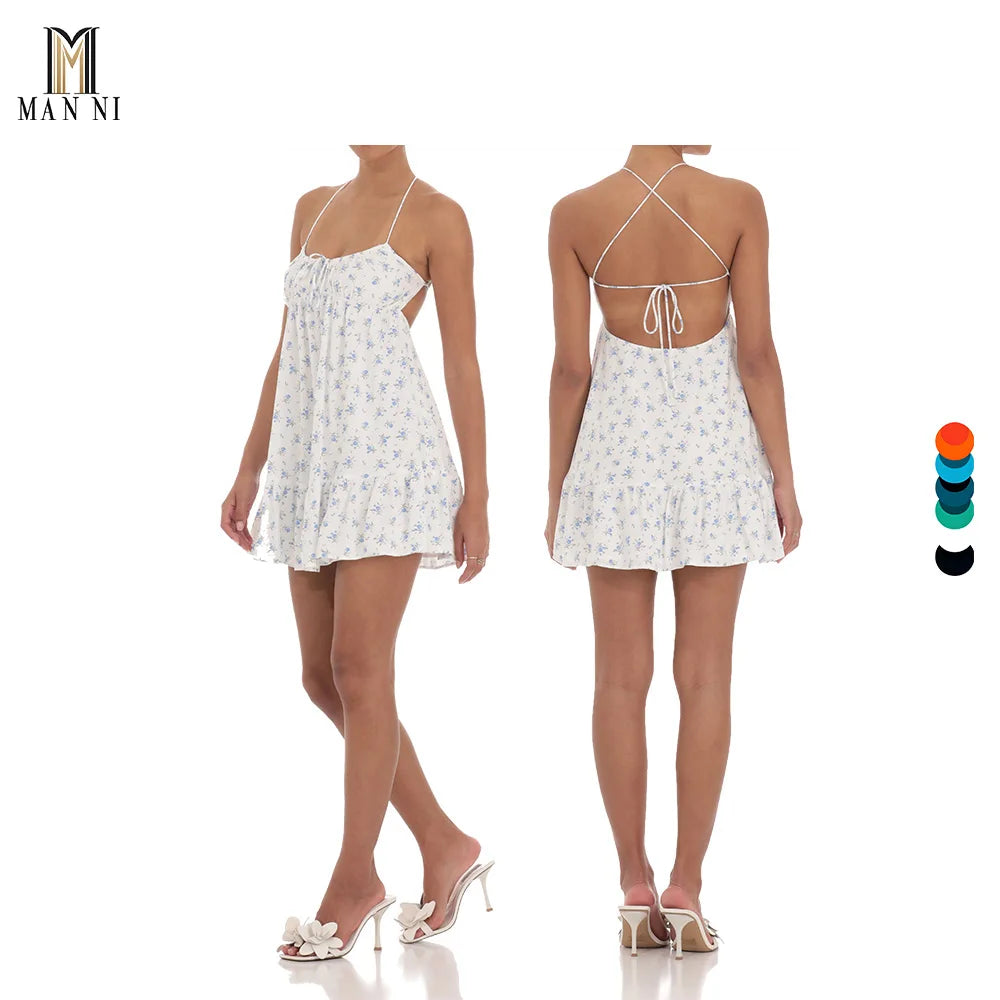 Factory Customize Printed Summer Cool Comfortable Simple Style Suspender Neckline Floral Mini Dress
