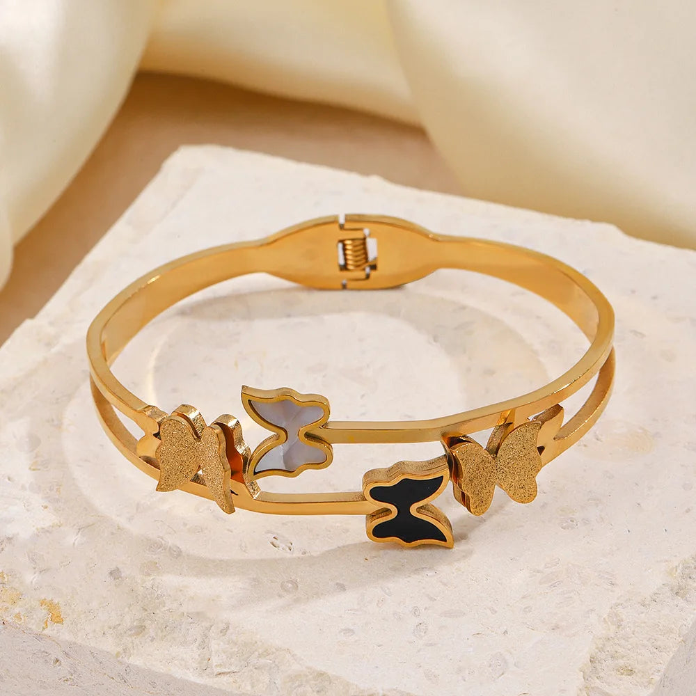 Fashion Gold Plated Stainless Steel Cuff Bracelet Exquisite Tarnish Free Opening Butterfly Bracelets & Bangles for Women Girl