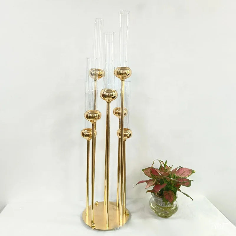 Luxury Wedding Props Gold Candle Holder Wedding Centerpieces 8 Heads Candlesticks Acrylic Tubes Table for Party Stand Decorat