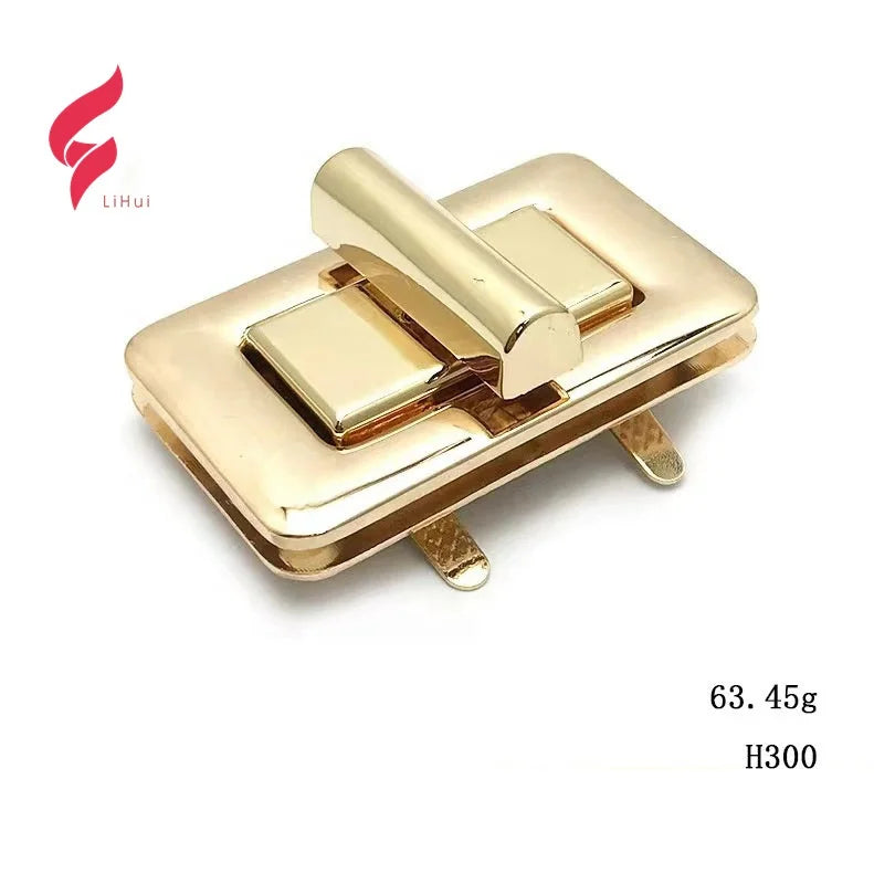 Lihui New Design Light Gold Zinc Eco-friendly Lead Free Nickel Free Custom Logo Rectangle Turn Locks for Purse