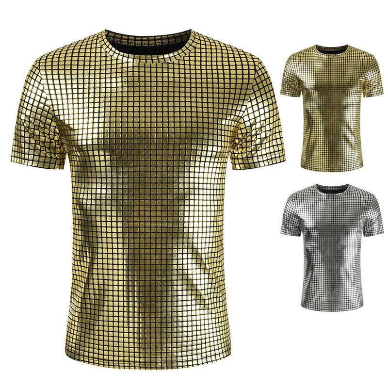 RNSHANGER Casual Blank Fashion Plaid Broadcloth Men Slim Short Sleeve T-Shirt DJ Nightclub Stage Singer Prom Costume