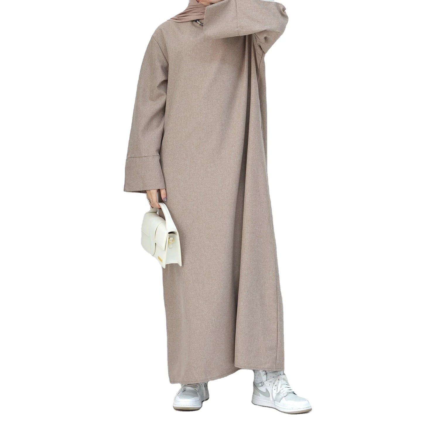 Malaysia American Muslim Girl Plain Color Breathable Linen Fabric Simple Style Eid Abaya Ladies Dress
