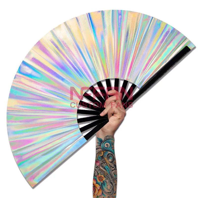 Popular Iridescent Holographic Folding Bamboo Hand Fan Rave Clack Fabric Fan for Festivals Parties Accessories
