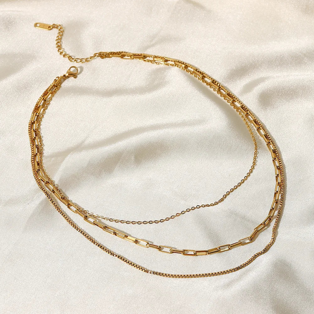 Fashion 316L Stainless Steel Unisex Minimalist Charm Necklace Three Layered Geometric Paper Clip Box Link Chain 18K Gold Part