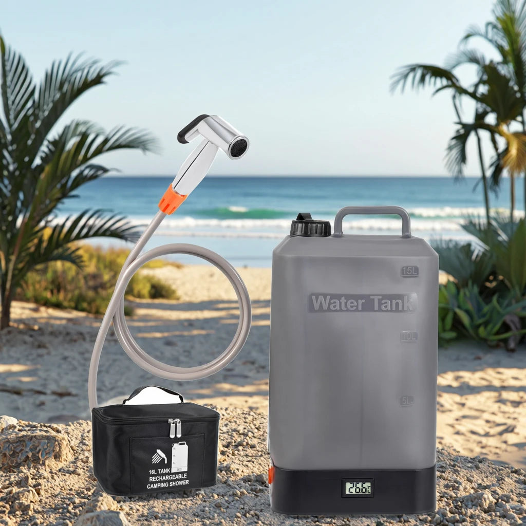 2025 New Portable 4.5 Gallon PVC Water Tank Camp Shower with USB Rechargeable Solar Heating Built-in Electric Shower for Hiki
