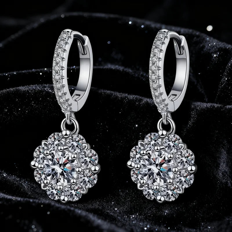 S925 Sterling Silver Rhodium Plated Colorfast and Waterproof Vvs D Color Moissanite Flower Earrings for Women Wedding Jewelry