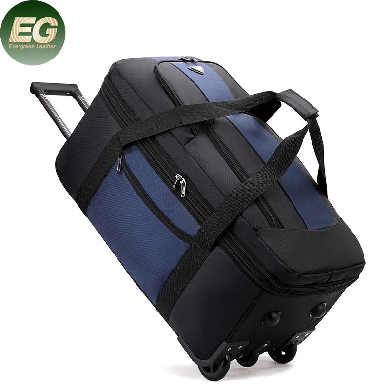 EA374 Oxford Fashion Foldable Duffel Backpack Wheels Travel Luggage Trolley Zipper Closure Unisex Big Garment Custom Logo