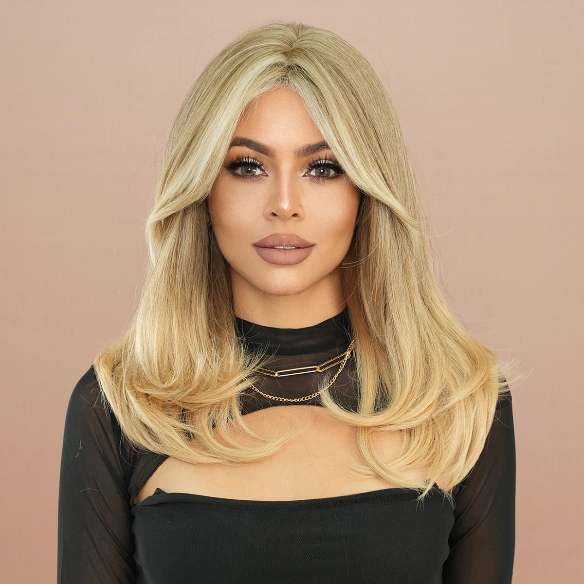 Highlights Blonde Wigs for Women  Medium Length Straight Layered Synthetic Wigs with Bangs 20 Inch Women Natural Hair Peluca