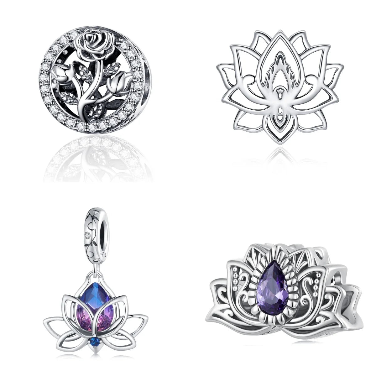 Fashion Sterling Silver Jewelry Charms For Bracelet Fine Jewelry Making Zirconia Vintage Blooming Lotus Rose Pendant Charm Be