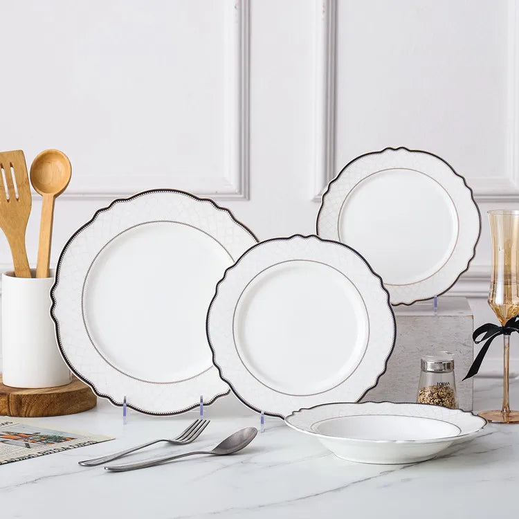Hot Sale Eco-Friendly Modern Fancy Edge French Dinner Serving Porcelain Plates Hotel Wedding Flat White Plate